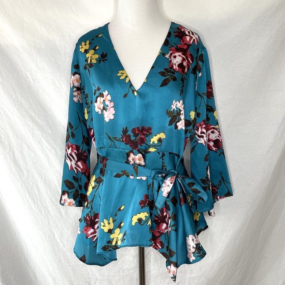 Zara Top Womens Small S Blue Floral Waist Tie Uneven Hem Blouse Boho Bohemian